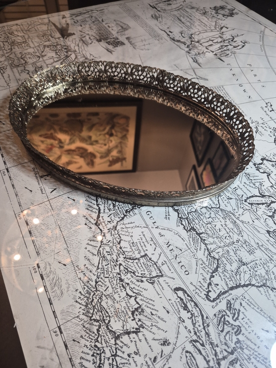 Stanley Other - Stanley Silver Ornate Filigree Oval Vanity Tray Mirror